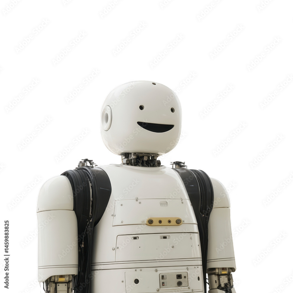 Poster friendly white robot with smiling face stands against plain background, showcasing its simple design