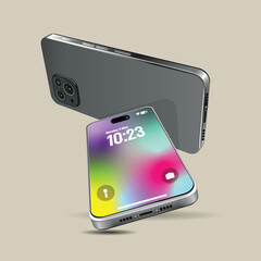 Set of two smartphones mockup, front and rear view, in 3D position.