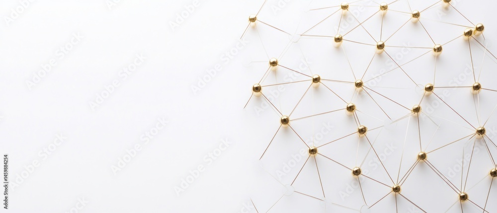 Poster abstract network connection: golden nodes and wires on white background