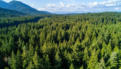 Lush Evergreen Forest Aerial View with Mountain Range Background