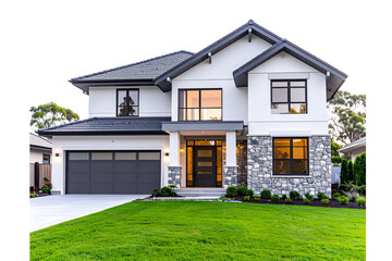 Modern Australian house front view with a white and grey color theme, transparent background