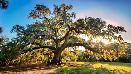 the massive live oak tree draped in spanish moss in the low country of south carolina