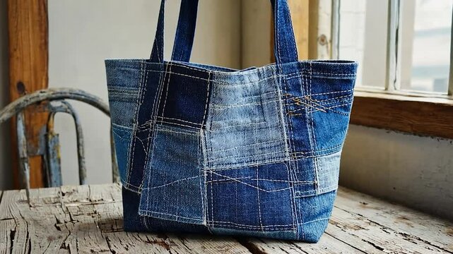 Patchwork denim tote bag on rustic wooden table by window
