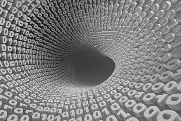 A tunnel of binary numbers (0s and 1s) spirals inward, creating a digital vortex effect.