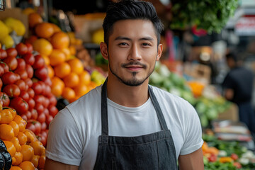 Obraz premium Smiling young man at fruit market surrounded by fresh produce