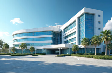Modern public hospital exterior with glass windows under blue sky, palm trees. Architectural design for healthcare clinic, medical center, urban landscape. Contemporary building facade, advanced tech