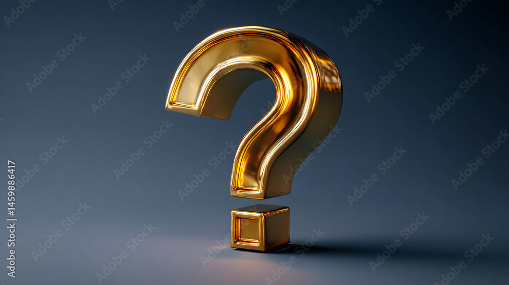 Poster golden question mark and cube on dark background, showcasing curiosity, inquiry, and problem-solving