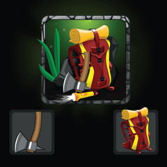 Set of game genre icons with an axe, a flashlight and a hiking backpack.