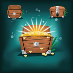 Assets set of game genre icons of chests in different positions, open, closed, and with gold.