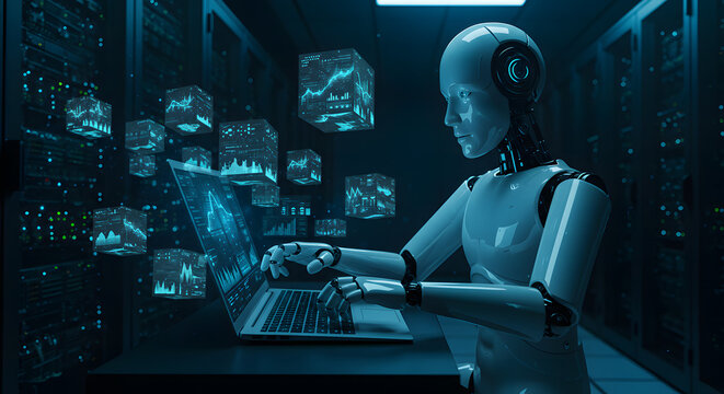 White Robot Analyzing Data on Laptop in Dark Server Room