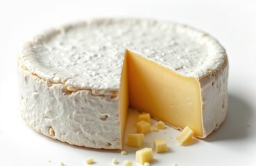 Naklejka premium Fresh wheel brie cheese cut open on white surface. Soft creamy dairy product french delicacy. Sliced portion. Culinary ingredient for breakfast lunch dinner. Delicious food.