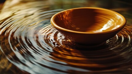 Empty terracotta bowl amidst water ripples.