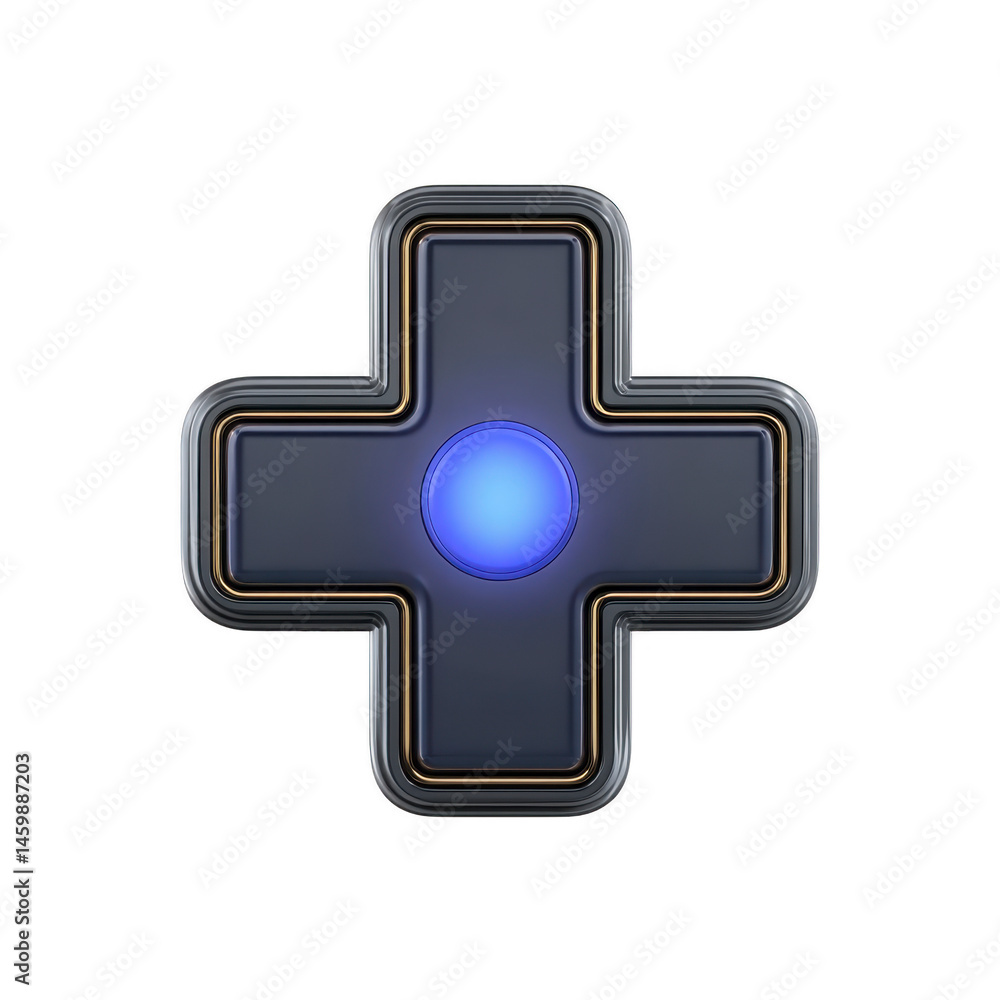 Poster 3d digital rendering of blue cross shaped button with glowing center, resembling game controller dir