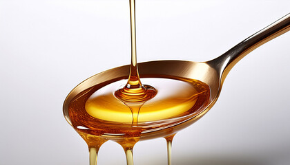 spoon pouring thick golden honey on white background ai generative