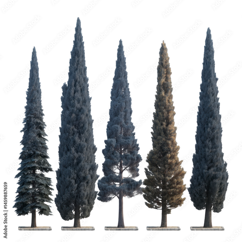 Poster five tall, slender evergreen trees stand in row, showcasing their dense, conical foliage. trees vary