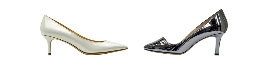 A collection of elegant white and chrome high heel shoes, isolated on transparent background.