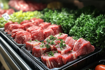Fresh meat display with greens and vibrant produce at grocery store counter