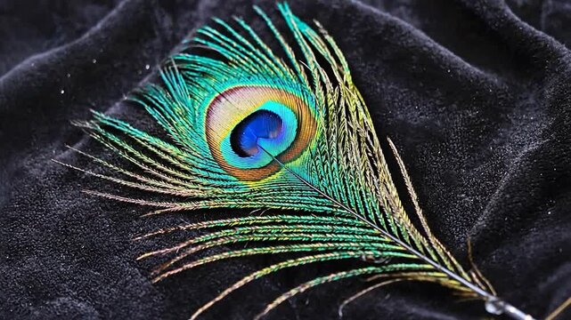 Peacock feather on dark fabric background. Close-up. Stock photo for nature, beauty, or design projects