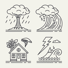  Natural disaster line icon set. Vector pictograms of extreme weather,