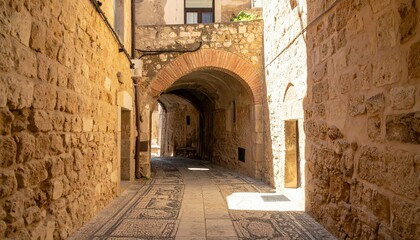Sunlit Medieval Street in Italy Ancient Stone Architecture Cobblestone Pathway Historical Buildings Old Town Charm
