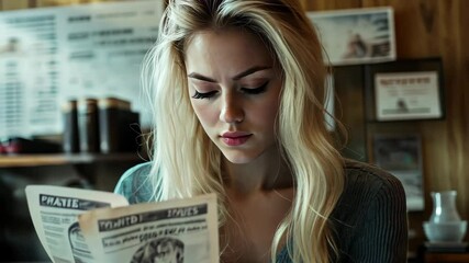 Thoughtful blonde waitress reviewing bills at a cozy cafe during a busy afternoon shift, A thoughtful blonde waitress examines the bills at the cafe