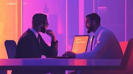 Tiny business analysts discussing ideas at laptop with data. Data initiative, occupation in metadata study, data driven startup concept. Bright vibrant violet vector isolated illustration illustratio