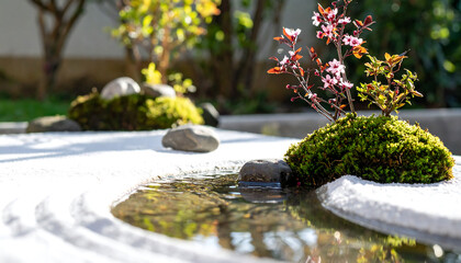 Zen garden detail Miniature tree blossoms near water, rocks, moss, and raked white sand. Serene, peaceful, and meditative nature scene. Conceptual for wellness.