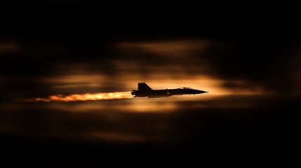 Silhouette of a jet plane in flight, dramatic sunset clouds.