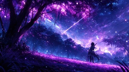 Obraz premium Digital illustration of a girl in a vibrant purple and blue forest with glowing grass and shooting star