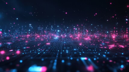 Fototapeta premium Abstract digital landscape with glowing particles and grid lines, representing futuristic technology, cyberspace, and virtual reality concepts in pink and blue hues.