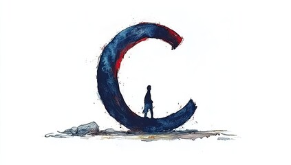 A solitary figure stands atop a large, curved, dark-blue C-shaped structure.  The structure rests on rocky ground.  Watercolor-style depiction