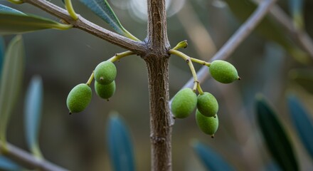 Close-up of delicate green olives growing on a Mediterranean branch