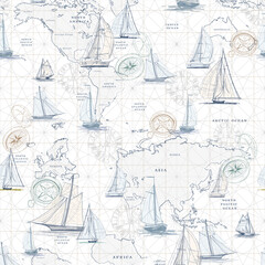 Seamless nautical map pattern featuring hand-drawn sailing boats, compasses, and world continents in a vintage maritime style. Perfect for fabric prints, wallpaper, travel-themed designs, and oceanic 