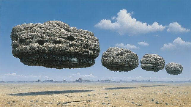 landscape with floating monoliths and advanced structures