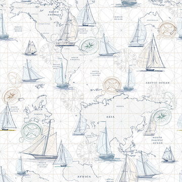 Seamless nautical map pattern featuring hand-drawn sailing boats, compasses, and world continents in a vintage maritime style. Perfect for fabric prints, wallpaper, travel-themed designs, and oceanic 
