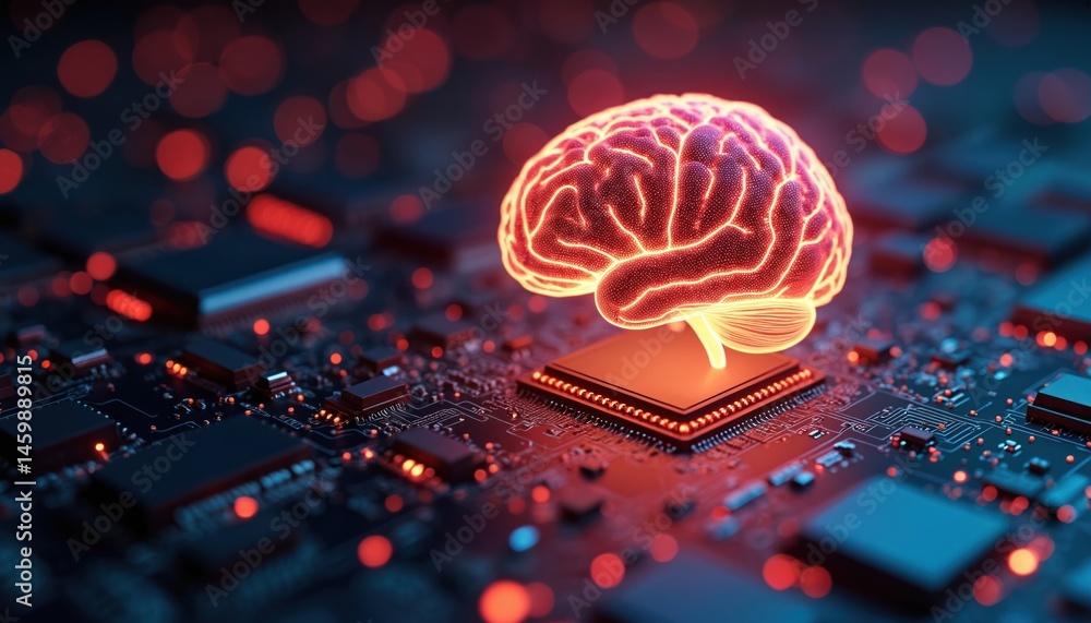 Leinwandbilder glowing human brain emerges from processor representing fusion human intelligence machine learning. 