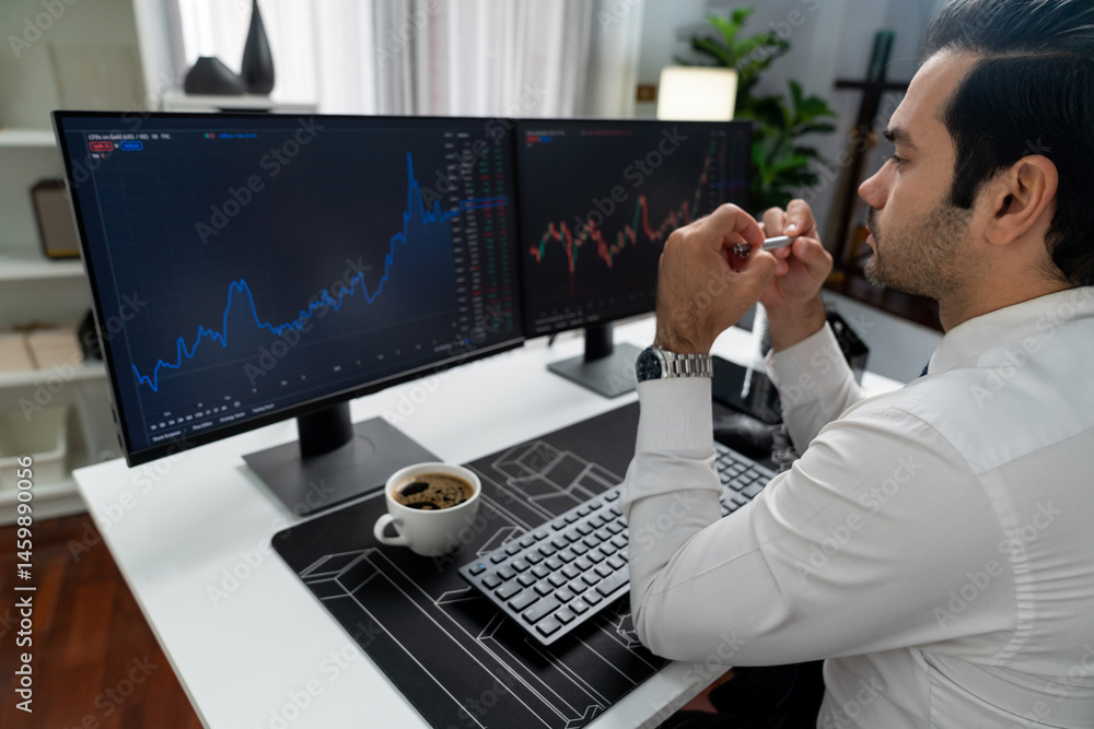 Poster smart trader businessman analyzing in two dynamic stock exchange investment screen on pc with invest