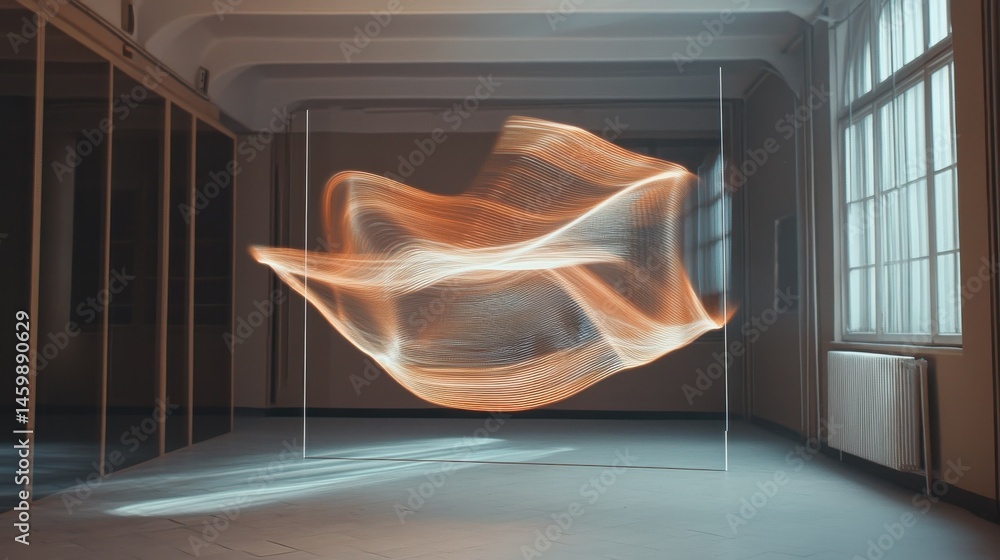 Aufkleber a holographic installation displaying a rotating abstract form suspended in mid-air.