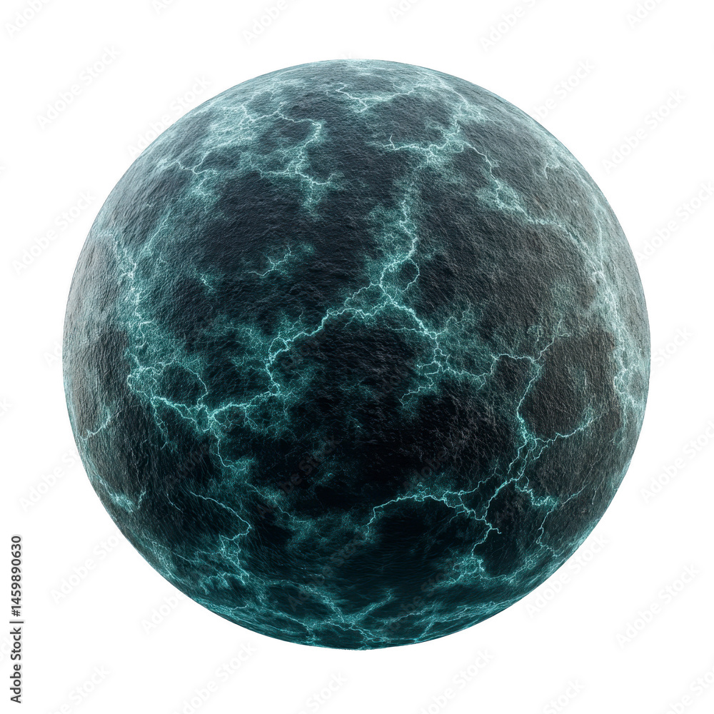 Poster textured sphere with dark surface and bright, lightning like patterns creates dramatic and mysteriou