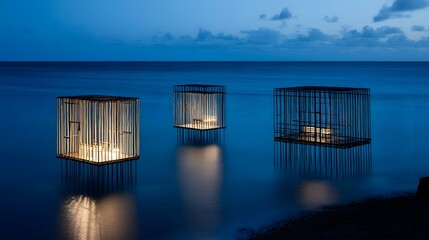 structures above a glowing ocean at twilight