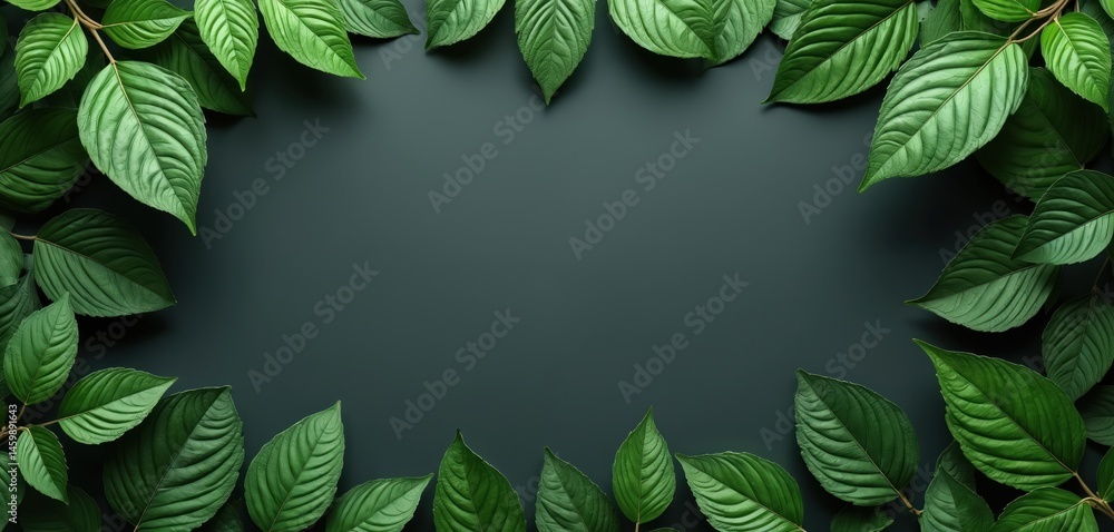 Poster frame arrangement of fresh green leaves with detailed texture against dark backdrop. flat lay view, 