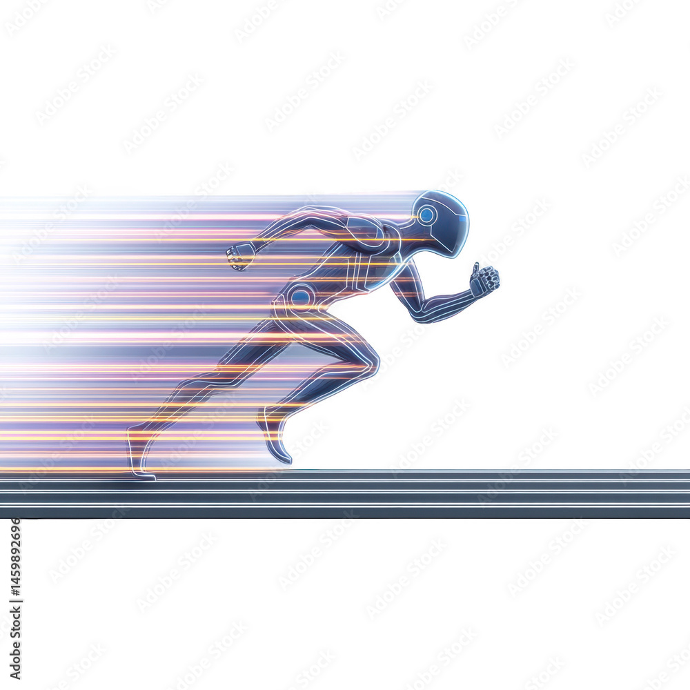 Poster digital illustration of futuristic humanoid robot sprinting with dynamic motion lines, symbolizing s