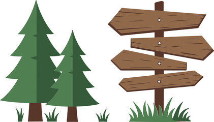 Forest trees with wooden signposts in a natural setting  