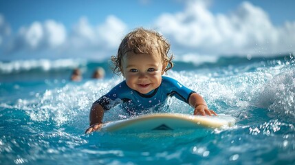 Toddler surfing ocean wave, sunny beach background, family vacation photo