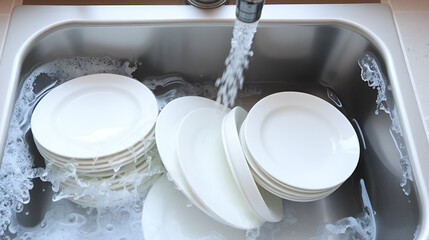Dishwashing. Warm soapy water fills the sink with clean plates ready for drying.