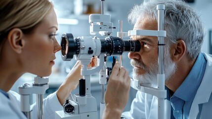 A man and a woman are looking into a microscope