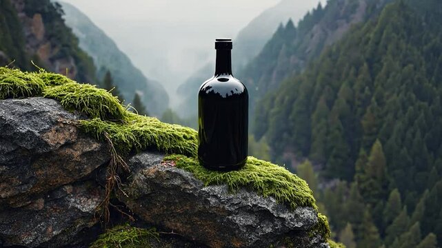 Dark bottle on mossy rock, alpine valley view, tranquil scene, nature background, still life