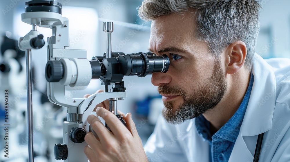 Poster a man in a white lab coat is looking through a microscope