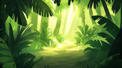 Lush green tropical jungle path with sunlight.