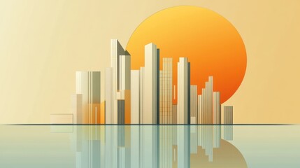 Fototapeta premium Sunset Cityscape: Minimalist Urban Skyline Reflected in Calm Waters